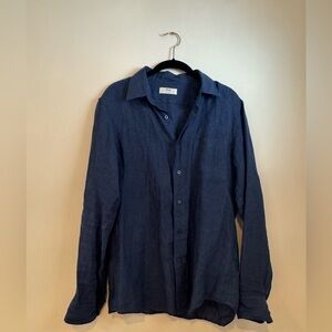Uniqlo Navy Blue 100% Linen Button-Up Shirt
